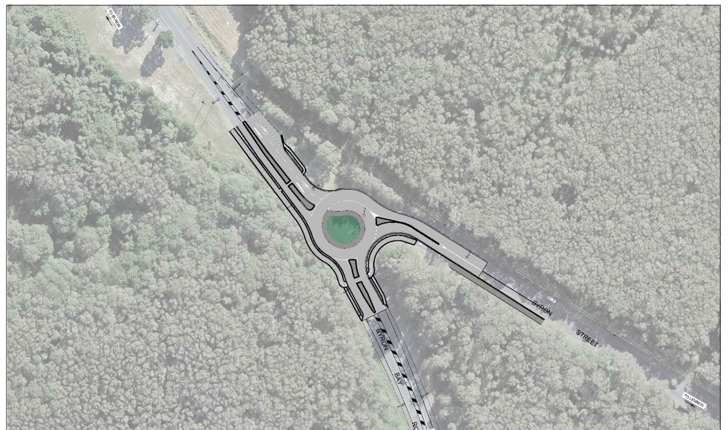 Aerial concept map showing footprint of new permanent roundabout corner of Byron Street and Byron Bay Road.jpg