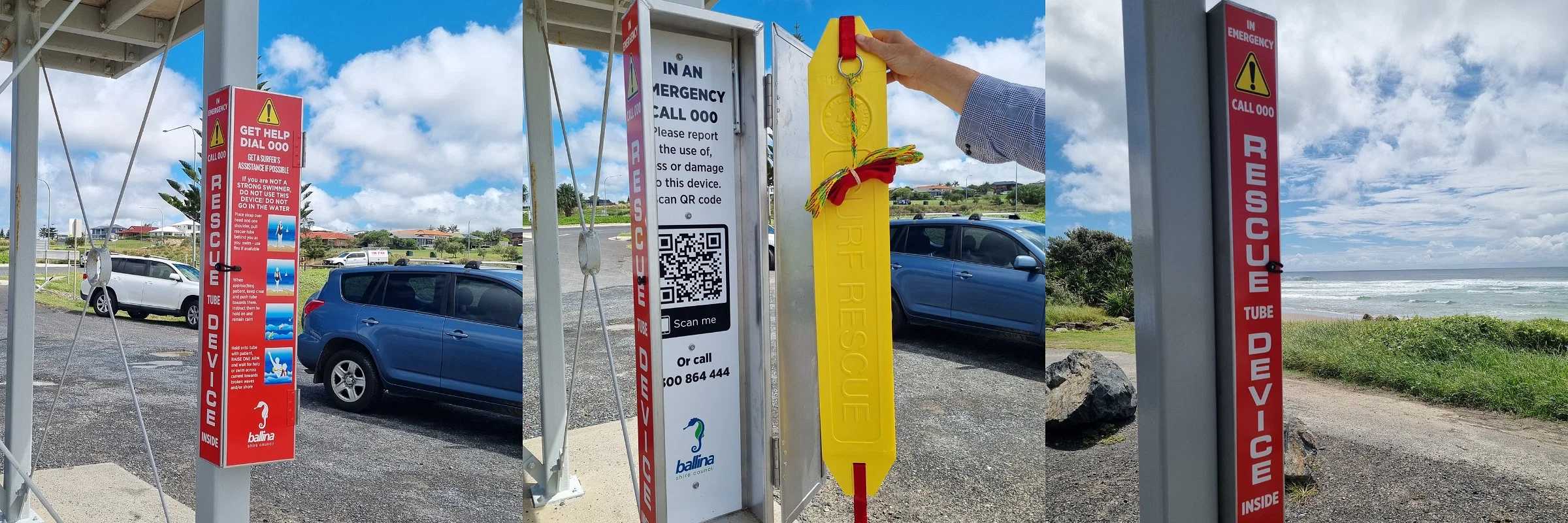 example of rescue tube installed on pole at sharpes beach